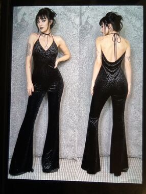 Killstar Black Velvet Halter Backless Jumpsuit Velvet Bell Bottoms Goth Party